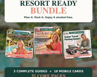 Puede incluir: El paquete The Sober Traveler Resort Ready incluye tres guías: Sober All-Inclusive Secrets, Sober All-Inclusive Beach Day Companion y Sober Travel Packing System. El conjunto cuenta con 51 páginas principales, 10 tarjetas móviles, rellenables e imprimibles.
