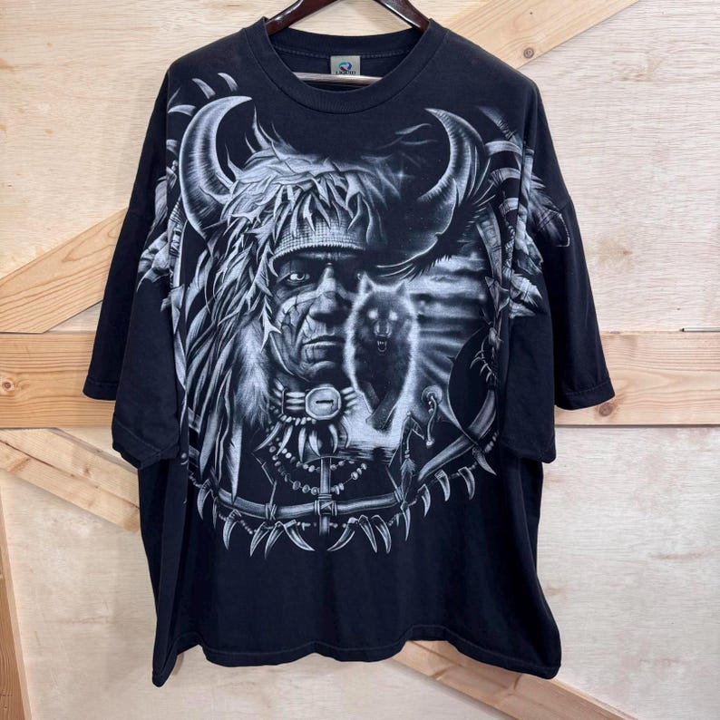 Camiseta vintage azul líquido para hombre, talla 5XL, con estampado tribal nativo americano AOP imagen 1