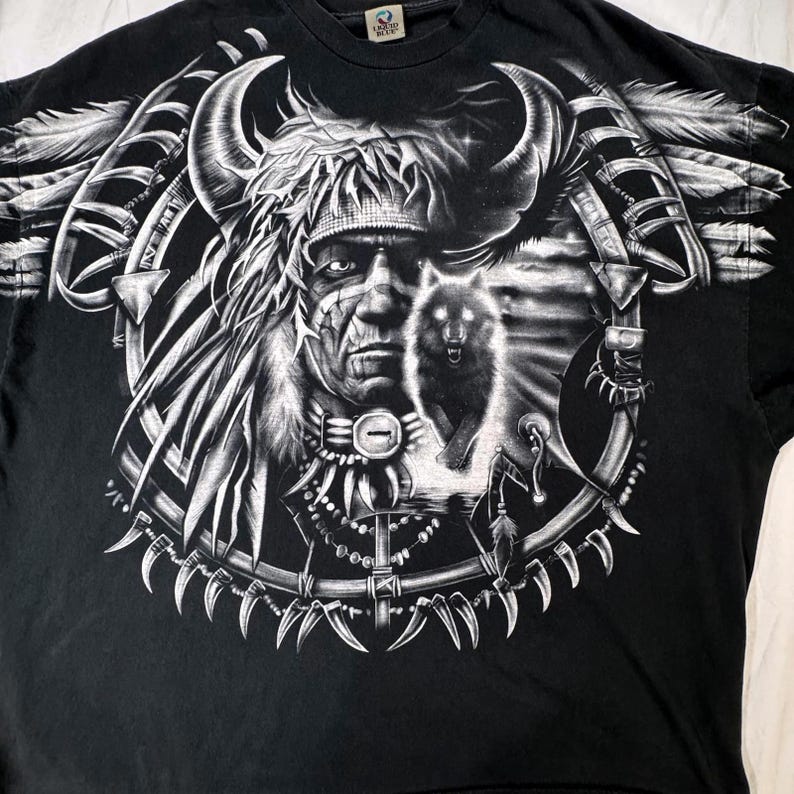 Camiseta vintage azul líquido para hombre, talla 5XL, con estampado tribal nativo americano AOP imagen 6