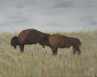 Oversized original Painting on Canvas, Landscape nature Southwestern Buffalo, American Bison painting, Western, Texas, Hospitality wall art