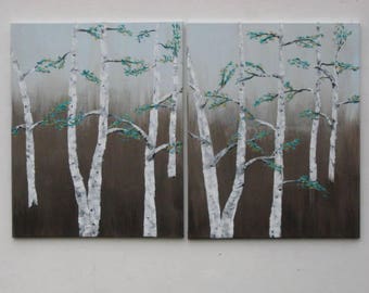 Green Painting Wall Art, Large Original Painting  Birch Tree Painting , Gold, Wall Decor, Rustic Decor, Turquoise 3-D Art Minimal Home Decor