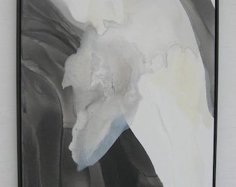 Large original  abstract painting wall Art black and white cream Modern office wood frame, canvas  Minimal. Modern contemporary