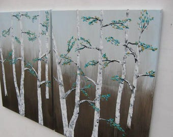 Green Painting Wall Art, Large Original Painting  Birch Tree Painting , Gold, Wall Decor, Rustic Decor, Turquoise 3-D Art Minimal Home Decor