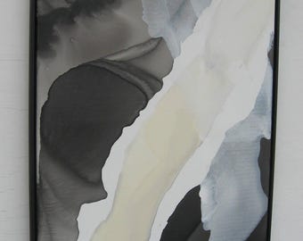 Large original  abstract painting wall Art black and white cream Modern office wood frame, canvas  Minimal Contemporary Unique