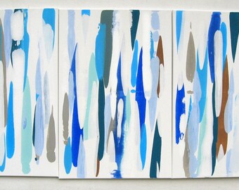 Blue Abstract Coastal Painting large canvas art original Beach White Triptych Modern contemporary geometric Wall Corporate art office layers