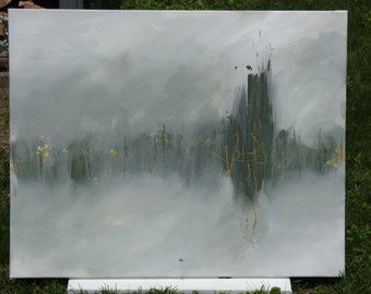 Large landscape Abstract Painting original green and gray on canvas, white, Wall Art, Contemporary art, Modern, minimal nature