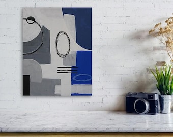 Blue Black  Gray and White Abstract Painting large on canvas art original  Modern contemporary grey geometric Wall art office Christmas