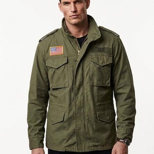 Herr olivgrön militärfältjacka M-65 med USA-flagga