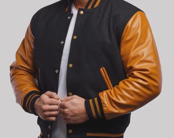 Veste universitaire universitaire en laine homme Letterman en laine noire avec manches en cuir marron