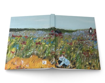 Puede incluir: Un libro de tapa dura abierto que muestra una escena de paisaje pintada en las portadas delantera y trasera. La obra presenta un campo de flores silvestres con pinceladas rojas, azules y verdes, un cielo azul claro y dos figuras en el campo.
