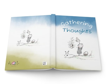Puede incluir: Un libro abierto con un fondo de acuarela azul y verde. La portada dice "Gathering Thoughts" en una fuente caprichosa. Se presentan ilustraciones de una niña, un conejo y mariposas.