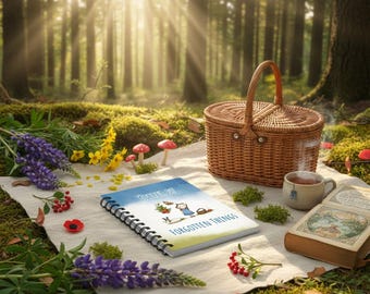 Puede incluir: Un cuaderno de espiral con una cubierta azul y amarilla que presenta una ilustración de dibujos animados y el texto "Keeper of Forgotten Things", colocado sobre un paño blanco con una cesta de picnic de mimbre, una taza y un libro abierto.