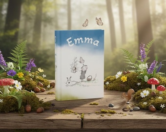 Puede incluir: Un libro de tapa dura titulado Emma con una cubierta en degradado azul y blanco que presenta un dibujo lineal caprichoso de un personaje pequeño, un conejo y mariposas. El libro se muestra sobre una superficie de madera rústica.