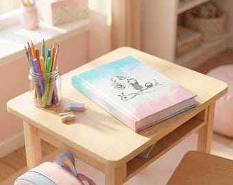 Puede incluir: Un escritorio infantil con un libro, lápices y una mochila. El libro tiene una cubierta azul y rosa con una ilustración. Un tarro transparente contiene lápices de colores. Una mochila rosa y azul está cerca.