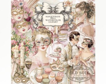 Masquerade Ball Watercolor Clipart – Venetian Masks, Rococo Couple PNG, Romantic Vintage Pastel Elements for Junk Journal & Scrapbook
