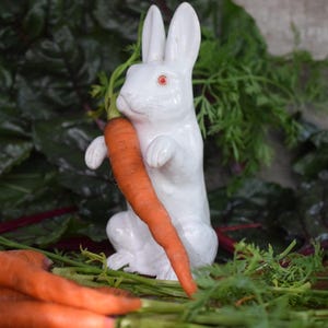 May include: A white ceramic rabbit figurine with red eyes standing upright and holding a single orange carrot with green leafy tops. The rabbit is positioned among several fresh orange carrots with green stems and dark green leafy vegetables.