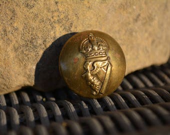 Irish Guards British Army Button, Round Brass Crown Button with Harp and Wing, Rare Buttons, Antique Livery Buttons, Vintage Supplies