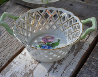 Antique Herend Porcelain Dish with Lattice Cutwork, Hand Painted Porcelain Dish with Floral Motif, Vintage Home Decor