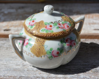 Vintage 1930's Hand Painted Japanese Porcelain Mustard Pot or Sugar Bowl with Lid
