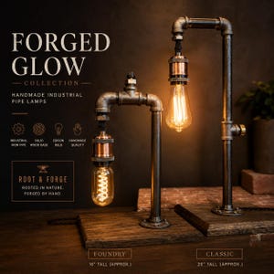 Forged Glow Industrial Pipe Lamp | Handmade Iron and Wood Edison Lamp |Rustic Table Light | Modern Farmhouse Decor | Desk & Nightstand Light