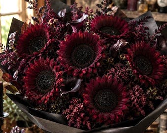 Può includere: Un bouquet di girasoli color bordeaux intenso con centri scuri, arricchito da fogliame scuro e piccoli fiori di riempimento, avvolto in carta nera e legato con un nastro scuro. La composizione presenta ricchi petali rosso scuro.