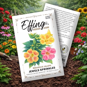 May include: Seed packet for Mirabilis Jalapa 'Jewels Sprinkles' flowers. The packet features a colorful illustration of yellow, orange, and pink flowers. The text on the packet includes the name of the flower and the seed company.