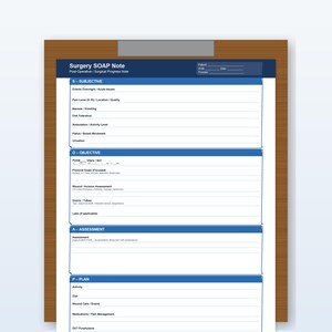 May include: A post-operative surgical progress note titled "Surgery SOAP Note" on a wooden clipboard. The note is divided into sections: Subjective, Objective, Assessment, and Plan. The document has a blue header and blue section dividers.