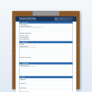 May include: A Universal SOAP Note template for general clinical documentation. The template is on a wooden clipboard with a blue and white design. The template includes sections for subjective, objective, assessment, and plan.