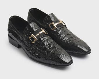 Handmade Black Alligator Crocodile Texture Leather Horsbit! Luxury Slip-On Dress Shoes for Men