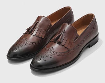 Handmade Brown Brogue Kiltie Tassel Loafers Men, Wingtip Fringe Perforated Leather Slip On