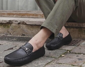 Handmade Black Driving Loafers Men, Silver Bit Moccasin Leather Slip On Casual Shoe