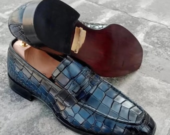 Handmade Men's Croc Embossed Leather Loafers, Blue Gradient Finish Dress Shoes