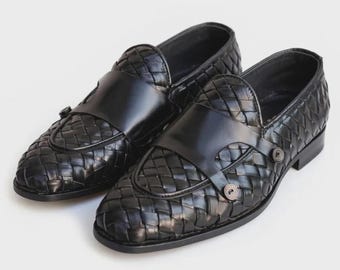 Handmade Black Woven Monk Strap Loafers Men, Silver Stud Intrecciato Cross Strap Slip On