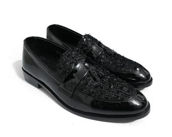 Handmade Black Sequin Tassel Loafers Men, Glitter Patent Leather Slip On Party Shoe