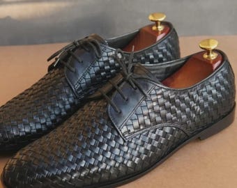 Black Woven Derby Shoes Men, Handmade Leather Lace Up Dress Shoe, Intrecciato Derby Oxford