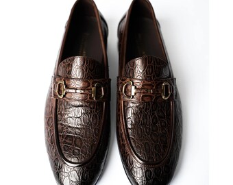 Handmade Brown Alligator Horsebit Loafers Men, Antique Brass Bit Deep Croc Slip On