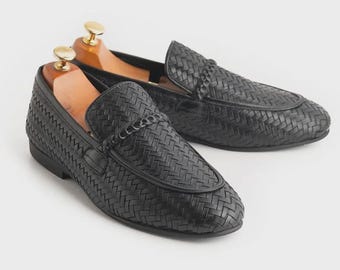 Men's Black Woven Leather Loafers, Handmade Braided Slip On Formal Casual Dress Shoes