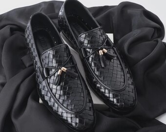 Men's Black Tassel Leather Loafers, Handmade Woven Moccasin Formal Dress Shoes