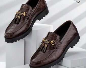 Handmade brown Alligator Leather Loafers with Bee Charm, Men's Luxury Dress Shoes