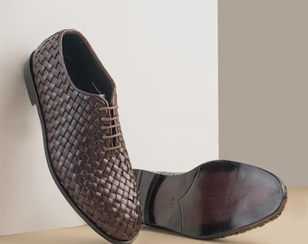 Men's Brown Woven Oxford Shoes, Handmade Braided Leather Elegant Lace Up Formal Dress Shoes