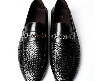Handmade Black Woven Chain Loafers Men, Gold Link Bit Intrecciato Leather Slip On