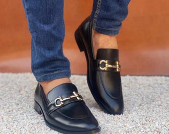 Handmade black Leather Horsebit Loafers, Men's Dress Moccasins