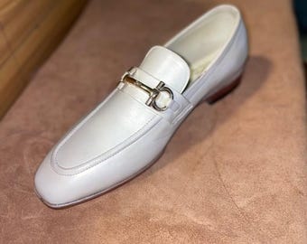 Handmade White Leather Loafers, Silver Bit Ivory Leather Slip On Dress Shoe