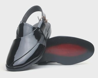 Men's Black pesario Sandals, Handmade Patent Leather Ethnic Slip On,Traditional Pakistani Footwear