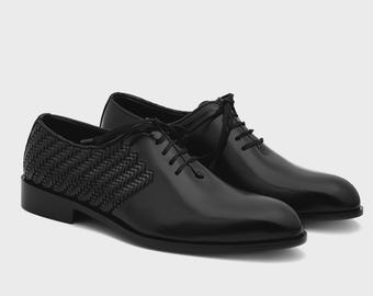 Handmade Men's Black Woven Oxford Shoes, Half Woven Leather Lace Up Dress Shoe,