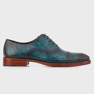 Men's Blue Patina Oxford Shoes, Handmade Leather Cap Toe Formal Wedding Office Dress Shoes image 4