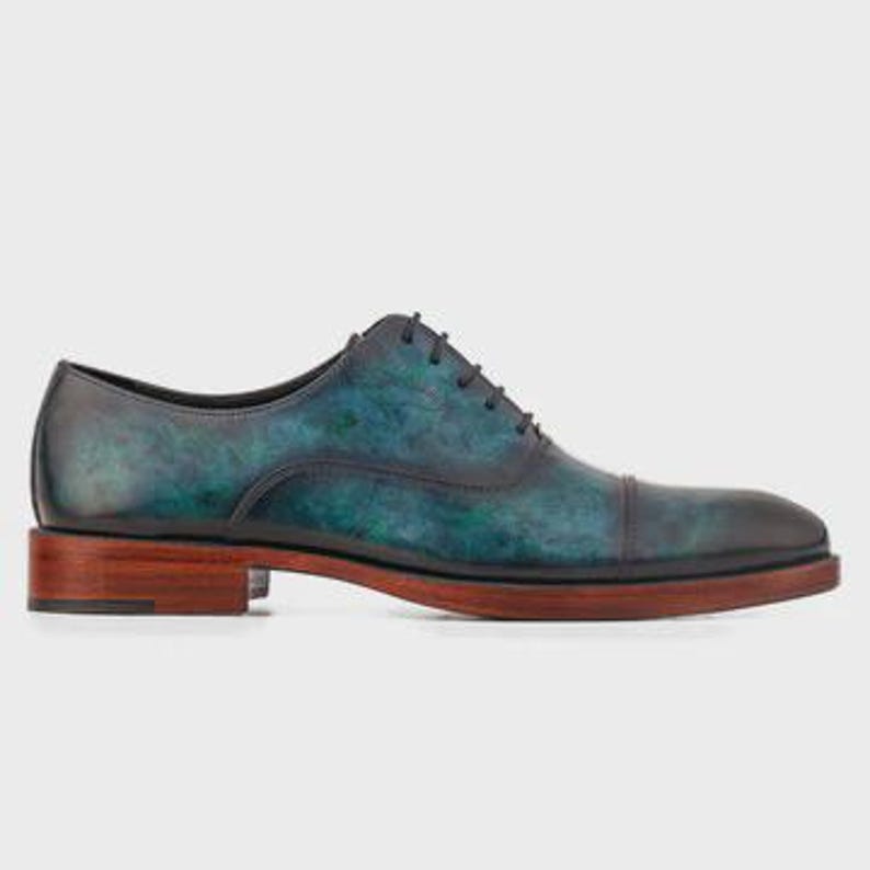 Men's Blue Patina Oxford Shoes, Handmade Leather Cap Toe Formal Wedding Office Dress Shoes image 4