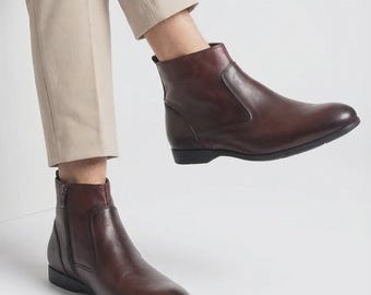 Botines de cuero marrón hechos a mano para hombre, botines Chelsea con cremallera, zapatos de vestir de lujo, zapatos casuales formales.