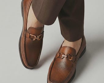 Handmade Pebbled Leather Horsebit Loafers, Rose Gold Bit Men's Dress Shoe