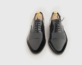 Handmade Black Patent Cap Toe Oxfords, Glossy Leather Lace Up Dress Shoes